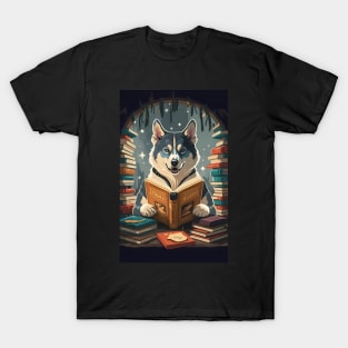 Siberian husky reading books T-Shirt